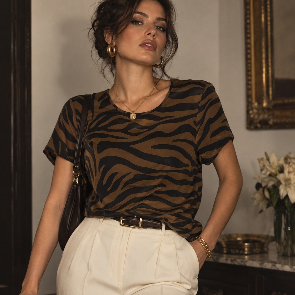 Nygard Collection Brown Black Tiger Stripe Animal Print Silk Blouse Mob Wife 10
